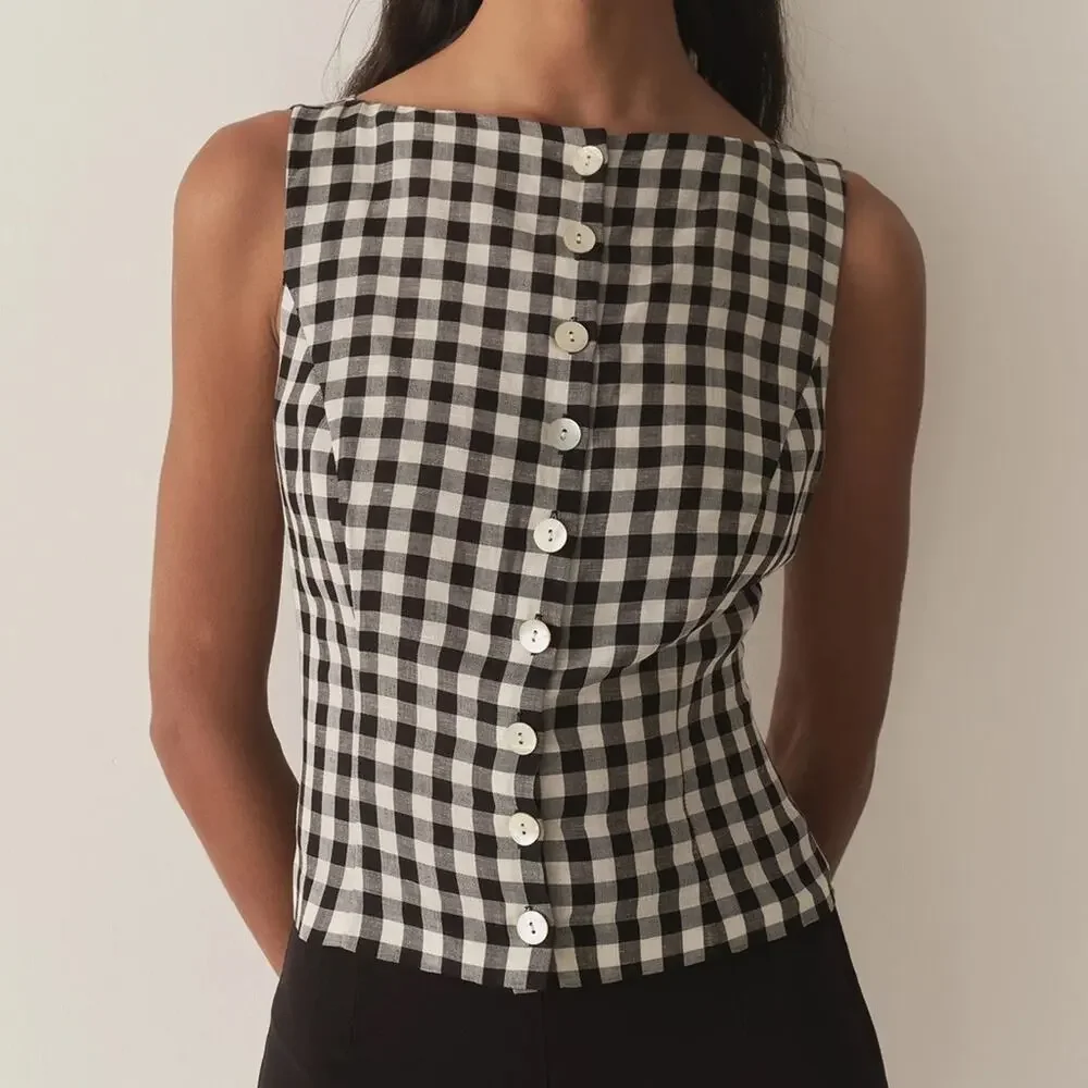 Doen Hayden Linen Button Boatneck Sleeveless Top Black Marilyn Gingham White - Picture 1 of 14